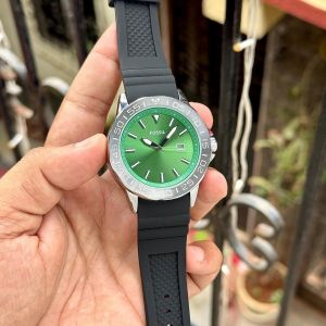 Fossiil Bannon Back Open Green Dial Black Silicone Strap