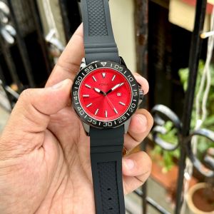 Fossiil Bannon Back Open Red Dial Black Silicone Strap
