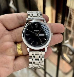 Tissoot 1853 Day-Date Lemon Silver Chain Black Dial