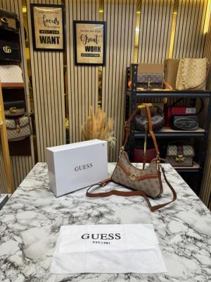 Guess Signature Monogram Baguette Shoulder Bag With Box And Dust Bag (Brown)