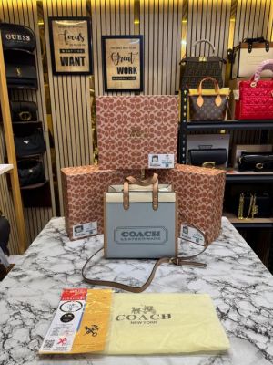 Coac Field Tote Mini Leatherware Print Colorblock Leather Crossbody Bag With Box And Dust Bag (C 80)(Blue)