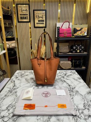 Hermees Picotin Lock Style Leather Tote Bag With Dust Bag (Brown)