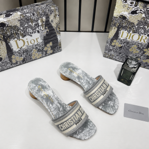 Christian Dioor Dway Heeled Slide Signature Embroidered Grey With OG Box & Carry Bag 755-1 Gray