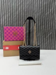 Tory Burcch Black-Gold Kira Small Convertible Quilted Shoulder Bag With Double Box OG Packing