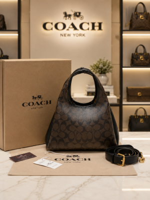 Coac Lana Shoulder Bag Old Flower Black Leather With OG Box & Dust Cover 5056