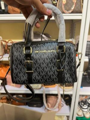Michael Kor Bedford Legacy Extra-Small Logo Duffle Crossbody Bag in Black Logo-print Canvas With Acorn Leather (1712)