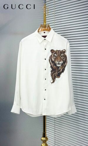 Gucc Tiger Diamond Logo Full Sleeves Shirt White