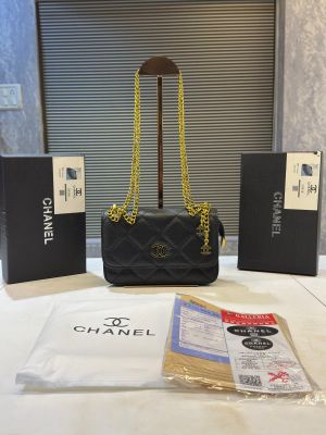 Chane_Woven Metal Lambskin Quilted Small Flap Black Gold with box5523