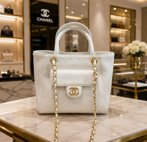 Channel Top Handle Quilted Tote Bag With Dust Bag & Sling Chain & Card