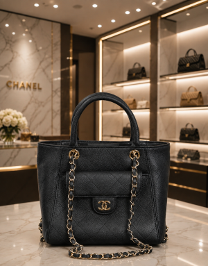 Channel Top Handle Quilted Tote Bag With Dust Bag & Sling Chain & Card