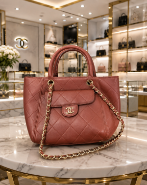 Channel Top Handle Quilted Tote Bag With Dust Bag & Sling Chain & Card