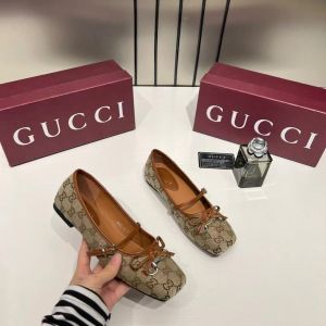Guccci GG Canvas Strap Ballet Flats Signature Monogram Pattern Bow With OG Box & Carry Bag 8058-6 Apricot