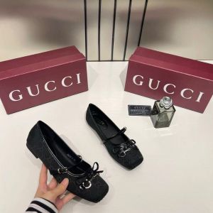 Guccci GG Canvas Strap Ballet Flats Signature Monogram Pattern Bow With OG Box & Carry Bag 8058-6 Black