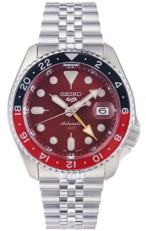 Seiko 5 GMT Automatic Silver Chain Vibrant Red Dial