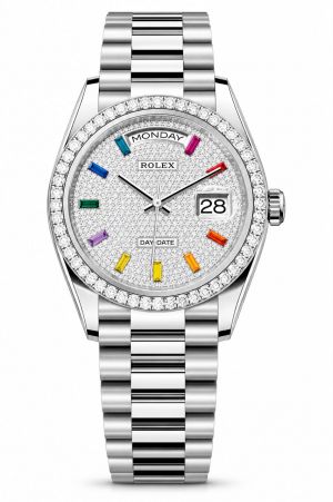 Roleex Day-Date 36 Silver Chain With Diamond-Paved Dial Multicolour.