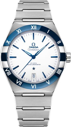 Omegga Constellation 41MM Co-Axial Master Chronometer Silver Chain White Dial Blue Ring