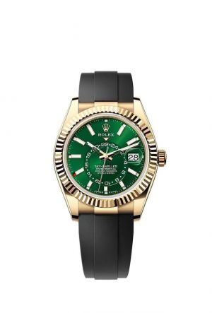Roleex Sky-Dweller yellow Gold with Green Dial Black Oysterflex Strap