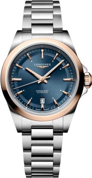 Longinees Conquest Automatic Silver Chain Sunray Blue Dial Rose Gold Tone