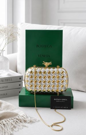 Bottega Veneta Gold & White Knot Clutch  Premium Quality  Full Brand Packaging 5046