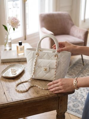 Channel Top Handle Quilted Tote Bag With Dust Bag & Sling Chain & Card
