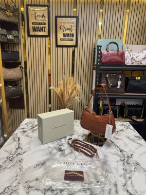 Charle & Keith Croc-Embossed Shoulder Bag With Original Box And Strap (Brown) (972-1)