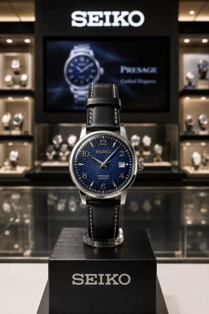 Seiko Presage Cocktail Time Old Clock Black Leather Strap Blue Dial