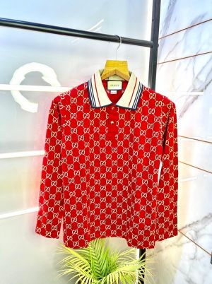 Sale Gucc Red Monogram Full Sleeves Polo Neck Premium Collar T-shirt RED-M-F2130