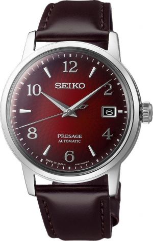 Seiko Presage Cocktail Time Old Clock Brown Leather Strap Red Dial