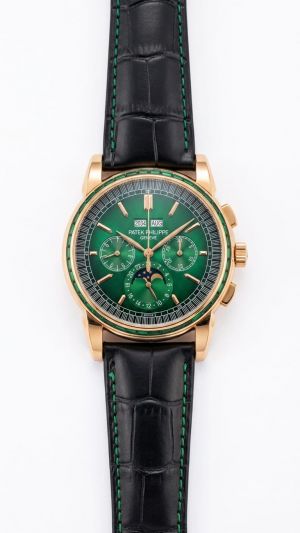 Patek Philipe Grand Complications Style Green Dial Rose Gold Toned And Black Leather Strap
