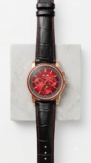 Patek Philipe Grand Complications Style Red Dial Rose Gold Toned And Black Leather Strap