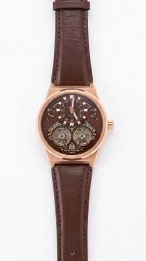 Patek Philipe Automatic Skeletonzed Brown Leather Strap Rose Gold Toned