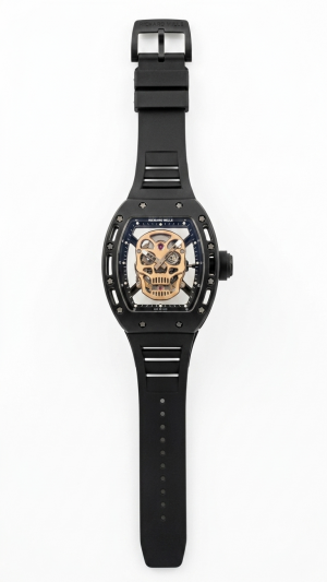 Richard Mille RM 52-01 Rose-Gold Tone skull center on a black vented case and strap