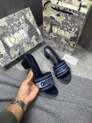 Christiaan Dioor Dway heeled Slides SIGNATURE CD Paris Embroidery With OG Box & Carry Bag 1407-1 Blue