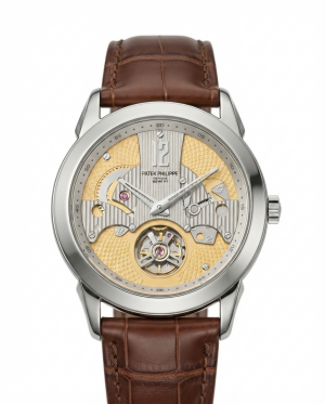 Patek Phillipe Peacock Witness Tourbillon Silver Yellow Dial