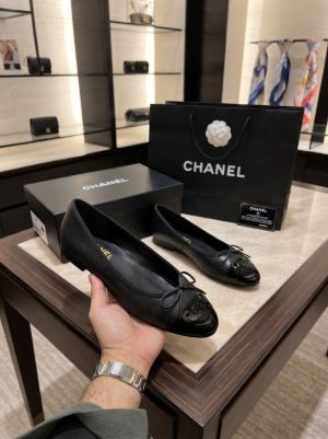 Chaneel Black Lambskin Patent Cap Toe Ballerina Ballets Flats With OG Box & Carry Bag Black A69047