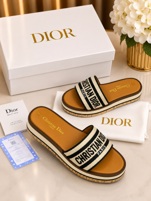 Christian Dioor Dway Platform Slides Signature Embroidered CD Paris Strap With OG Box & Dust Cover 2393