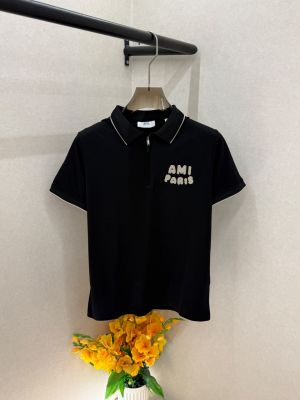 Ami Logo Black Premium Collar Neck Polo T-shirt With Brand Box Packing F3689-BL