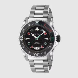 Guccci Dive Stainless Bee Japan Silver Black Dial
