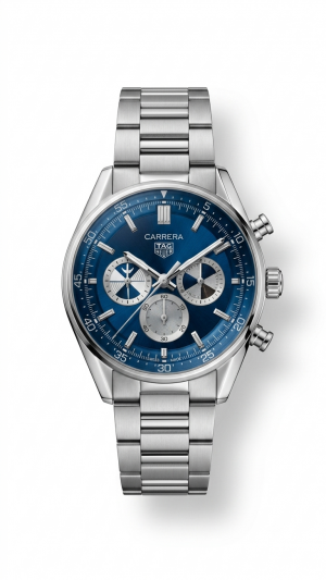 Tag Heueer Carrera style chronograph Silver Striking Blue Dial