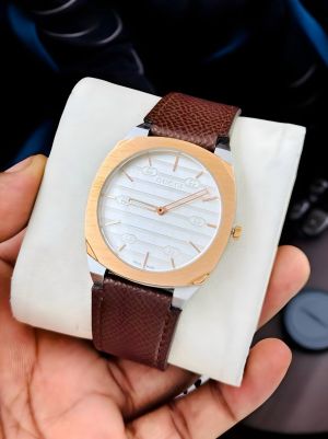 Guccci 25H Brown Leather Strap Two Tone White Dial
