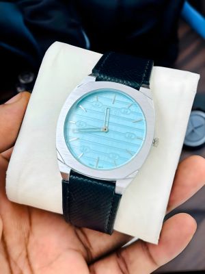 Guccci 25H Black Leather Strap Silver Turquoise Blue Dial