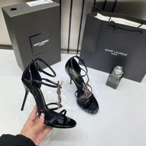 Ysl Saint Laurent Paris Rose Gold Metallic Patent Leather Monogram Cassandra Sandals Heel With OG Box Dust Bag & Carry Bag 158 Rose Gold