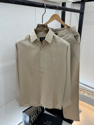 Arma_ Exchange Imported Linen Embroidery Print Beige Pant Shirt Super Premium Combo F4033-BE