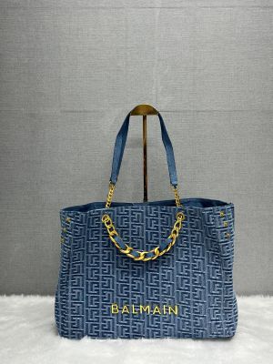 Balmaiin Jacquard Denim Logo Plaque Tote With DustCover