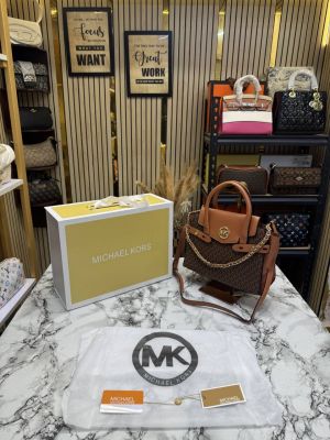 Michael korrs Signature Carmen Flap Leather Satchel Handbag (Brown)