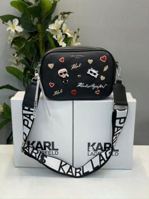 Karl Lagerfeld Maybelle Crossbody Bag Signature & Patches Work With Box And Dust Bag (Black)