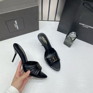 Ysl Saint Laurent Babylone Black Stiletto Mules Gold-tone Cassandre logo Detail With OG Box & Carry Bag A1 Black