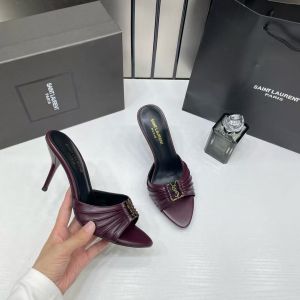 Ysl Saint Laurent Babylone Wine. Stiletto Mules Gold-tone Cassandre logo Detail With OG Box & Carry Bag A1 Wine