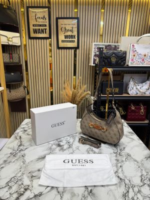 Guess Signature Logo Printed Monogram Hobo Shoulder Bag With Box And Dust Ba (apricot)