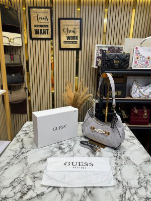 Guess Signature Logo Printed Monogram Hobo Shoulder Bag With Box And Dust Bag (White)
